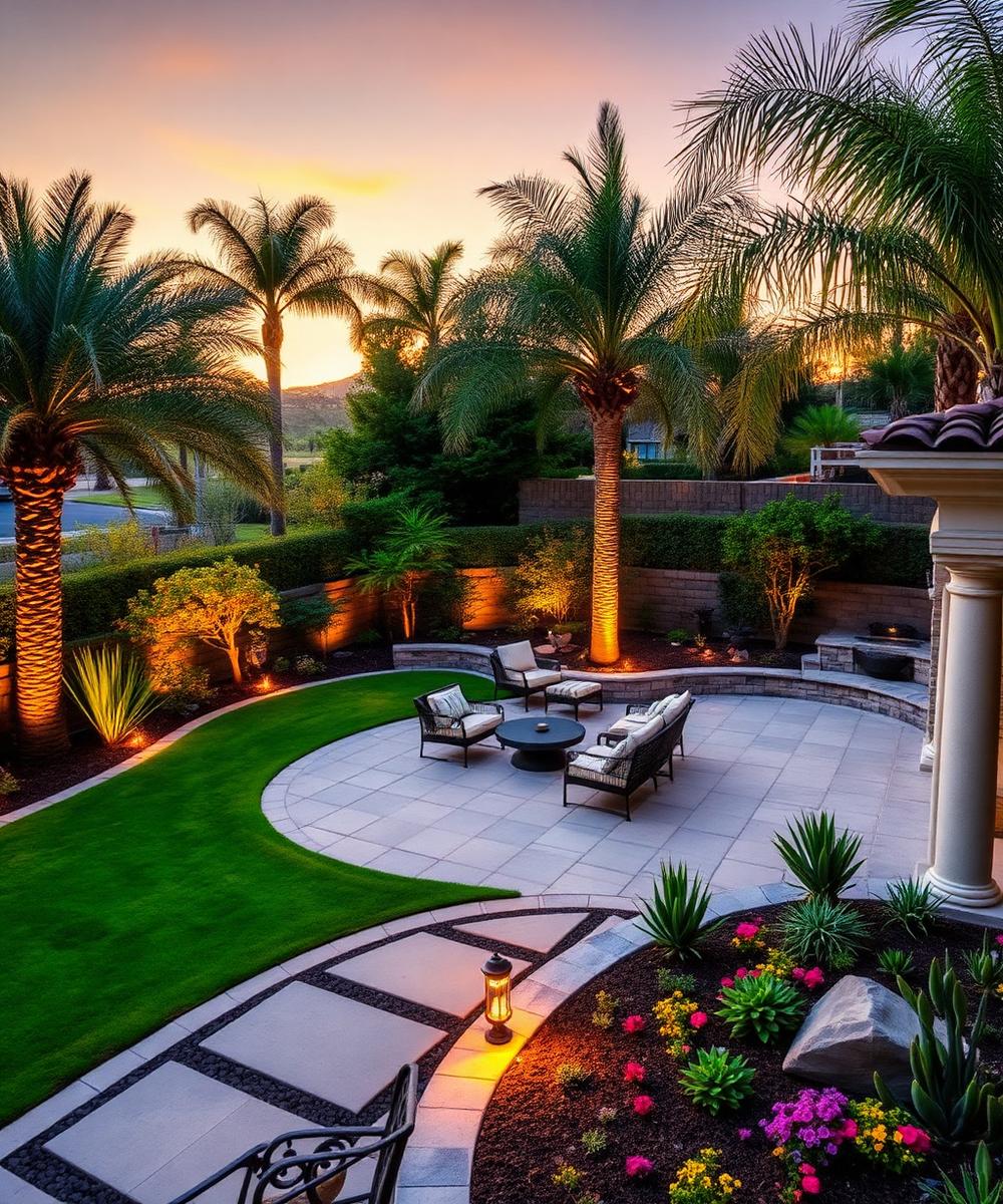 Luxury Southern California backyard with stone patio, palm trees and landscape lighting at golden hour