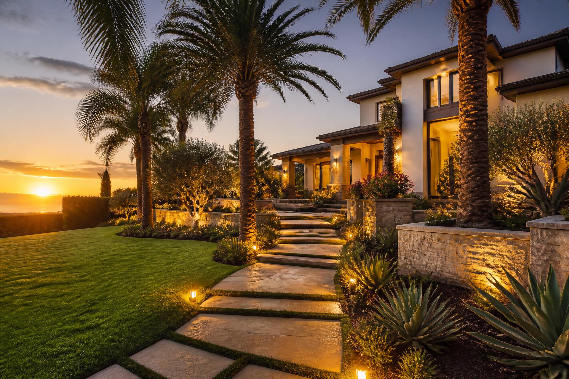 Luxury landscaped Southern California front yard at golden hour with palm trees, stone pathway and warm landscape lighting